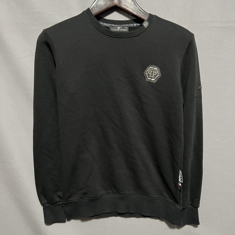 Philipp Plein Sweatshirt Mens Small‎ Black Logo Fleece Pullover Crewneck